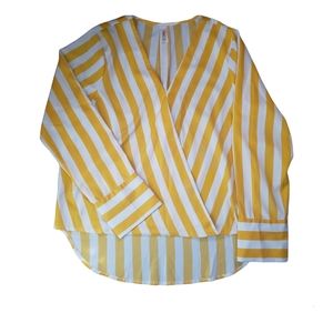 True Destiny white yellow striped asymmetrical wrap top blouse